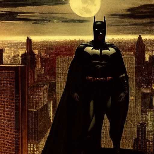 14158-129830947-batman looking down on Gotham on the roof of a skyscraper,  realism, high resolution, Thomas Eakins, dark, moody, night, moonlit.webp